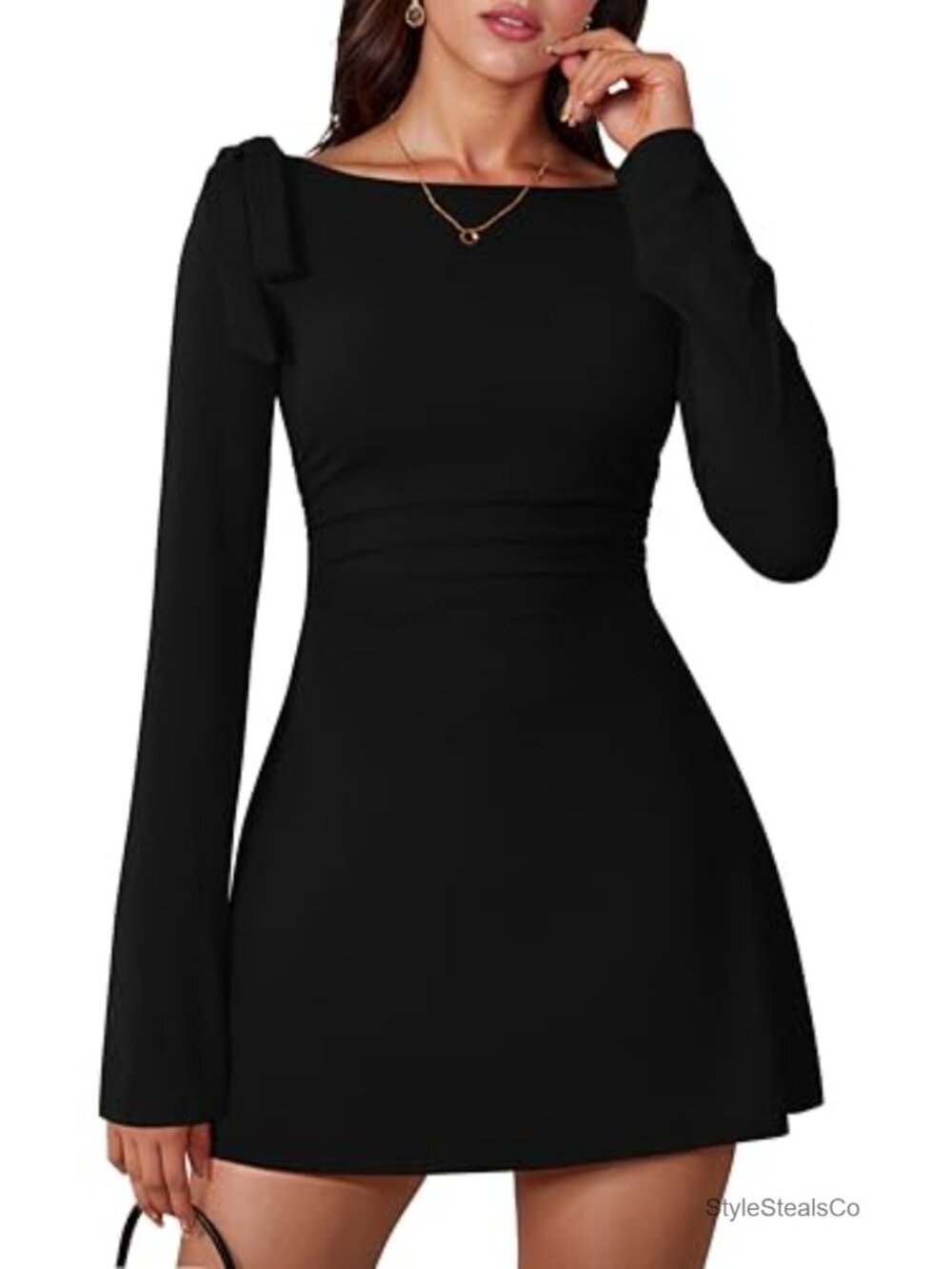 Women's Long Sleeve Boat Neck Bow Tie Party Dress Bodycon Mini
